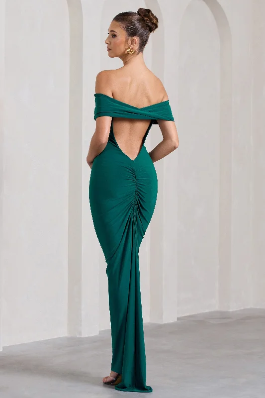 Vivienne | Bottle Green Bardot Open-Back Maxi Dress Cozy Cold-Shoulder Maxi Dress