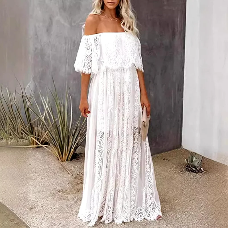 White Boho Off Shoulder Lace Maxi Dress Fashionable Layered Maxi Dress