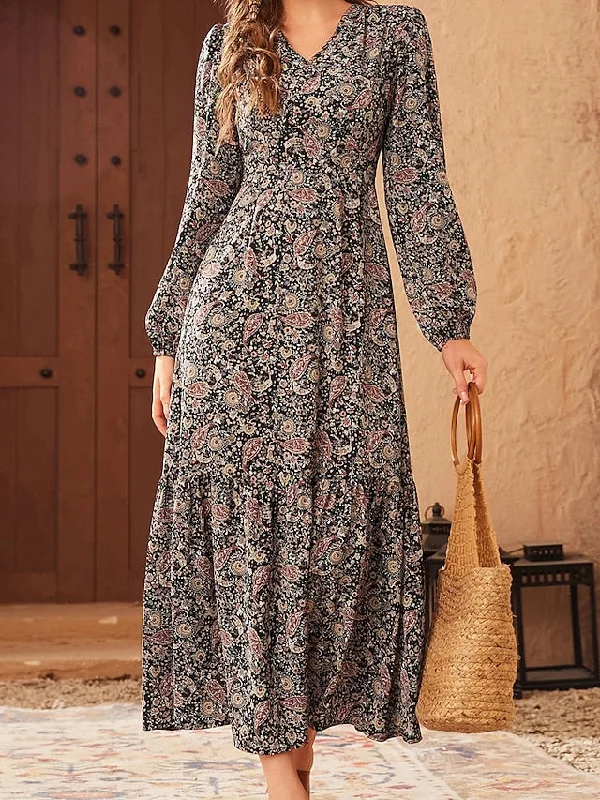 Women's Casual Dress A Line Dress Print Dress Floral Print V Neck Long Dress Maxi Dress Active Fashion Outdoor Street Long Sleeve Regular Fit Black Fall Winter S M L XL XXL Classic Solid Maxi Dress