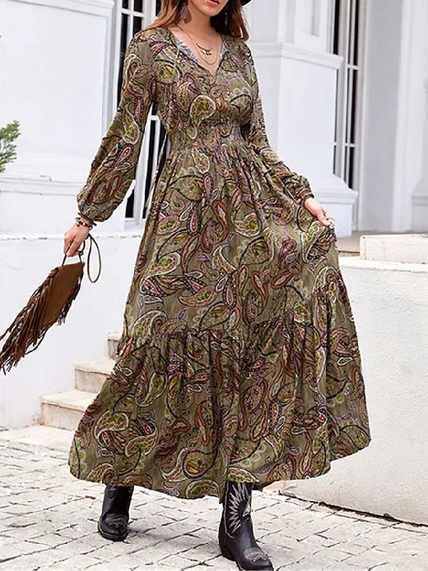 Women's Casual Dress Ethnic Dress Swing Dress Floral Paisley Ruffle Patchwork Split Neck Long Dress Maxi Dress Vintage Ethnic Outdoor Date Long Sleeve Loose Fit Brown Spring Fall S M L XL XXL Cozy Maxi Dress with Slit