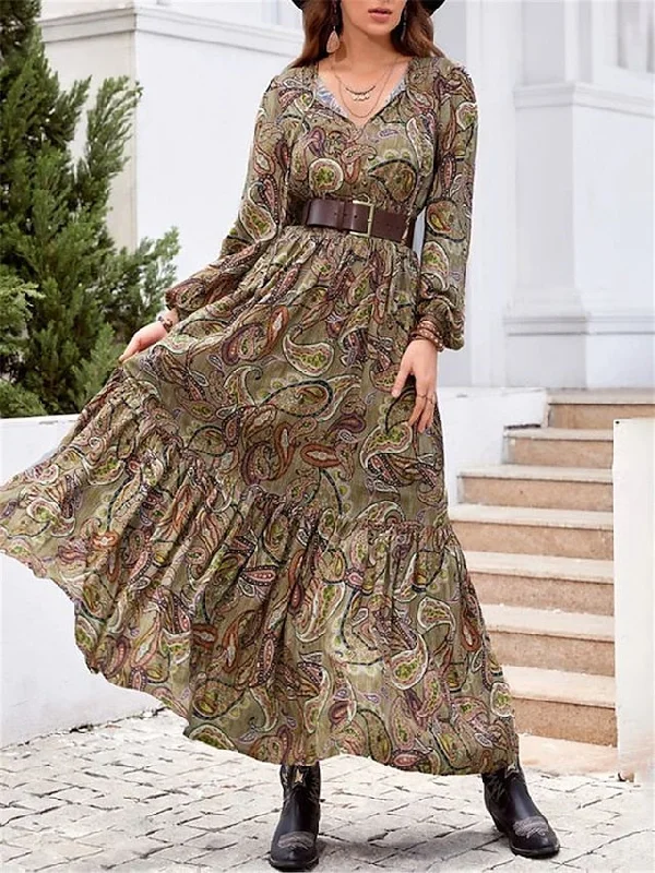 Women's Casual Dress Ethnic Dress Swing Dress Floral Paisley Ruffle Patchwork Split Neck Long Dress Maxi Dress Vintage Ethnic Outdoor Date Long Sleeve Loose Fit Green Spring Fall S M L XL XXL Stylish One-Shoulder Maxi Dress