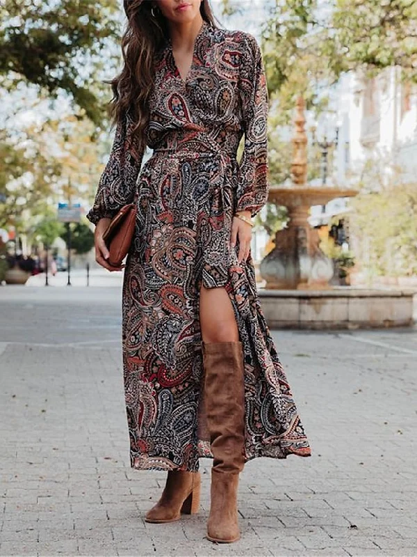 Women's Casual Dress Ethnic Dress Swing Dress Floral Paisley Split Print V Neck Long Dress Maxi Dress Vintage Ethnic Outdoor Date Long Sleeve Loose Fit Navy Blue Spring Fall S M L XL XXL Trendy Ruffled Maxi Dress