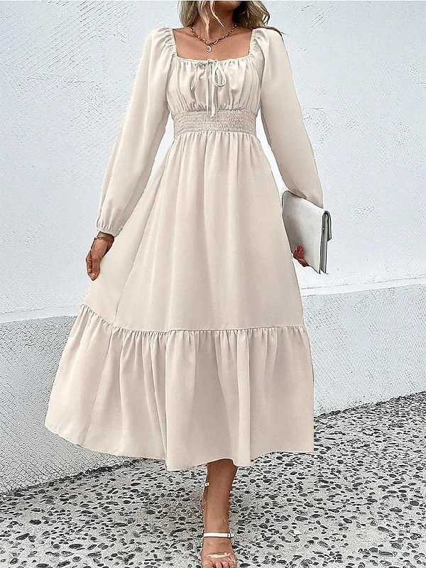 Women's Casual Dress Plain Dress Spring Dress Long Dress Maxi Dress Ruched Drawstring Street Daily Holiday Active Fashion Square Neck Long Sleeve 2023 Regular Fit Apricot Color S M L XL Size Stylish Off-Shoulder Maxi Dress