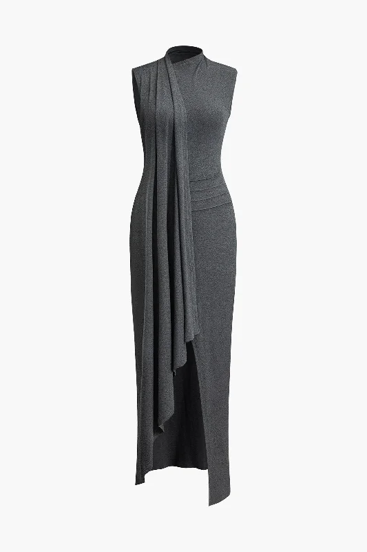 Wrap Slit Mock Charming Neck Sleeveless Maxi Dress Elegant Maxi Dress with Ruffles