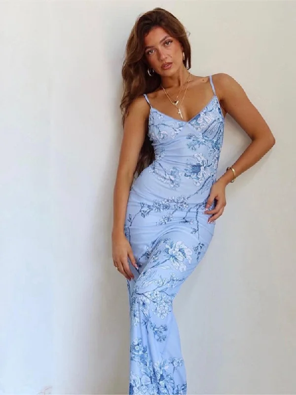 Zjkrl Sleeveless Floral Print Suspender Dress Women Fashion V-neck Slim Maxi Dresses 2023 Summer Chic Female Beach Party Club Robe Trendy Floral Print Maxi Dress