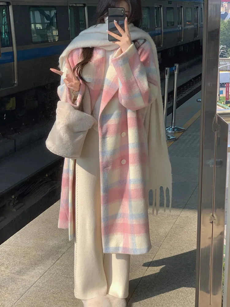 Getadme-Winter Rainbow Woollen Coats Women Casual Warm Loose Plaid Long Coats Female Korean Fashion Office Lady Trench Jackets Y2k Trench Coat Raincoat Waterproof Jacket