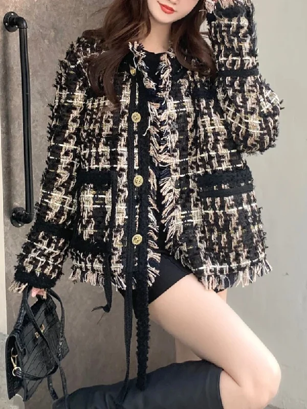 Getadme Winter Tassel Woollen Jacket Women Casual Warm Loose Plaid Korean Style Coat Female Fashion Office Lady Elegant Jackets Y2k Wool Jacket Cashmere Jacket Tweed Jacket