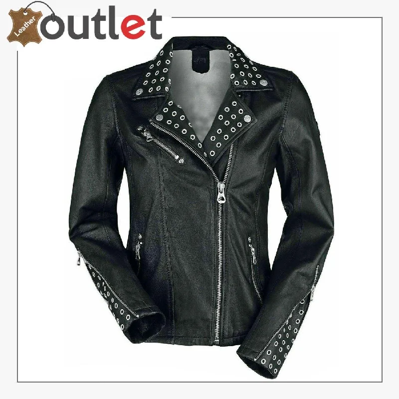 Black Classic Rounded Silver Studded Zip Leather Jacket Tiered Jacket Buttoned Jacket Zippered Jacket