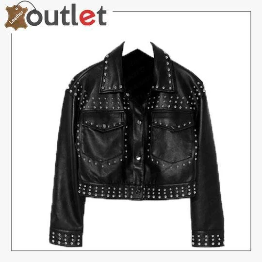 Black Cropped Leather Silver Studded Jacket Faux Fur Jacket Real Fur Jacket Shearling Jacket