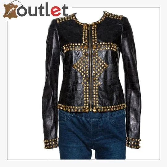 Black Embossed Leather Studded Zip Front Jacket Cotton Jacket Linen Jacket Terry Jacket