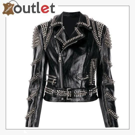 Black Lambskin Perfecto Spike-Stud Biker Jacket Fitted Jacket Loose Jacket Oversized Jacket