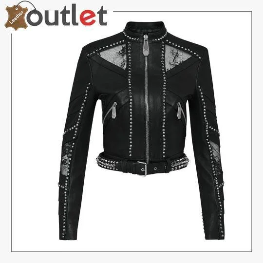 Black Lambskin Spike-Studded Biker Jacket Front Pockets Side Pockets Patch Pockets