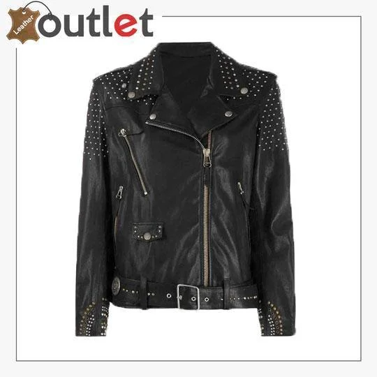 Black Leather Silver Studded Biker Jacket One-Shoulder Jacket Off-the-Shoulder Jacket Asymmetrical Jacket