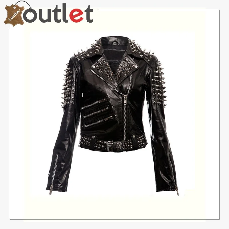 Black Spikes Studded Punk Leather Jacket Anorak Shell Jacket Lightweight Jacket