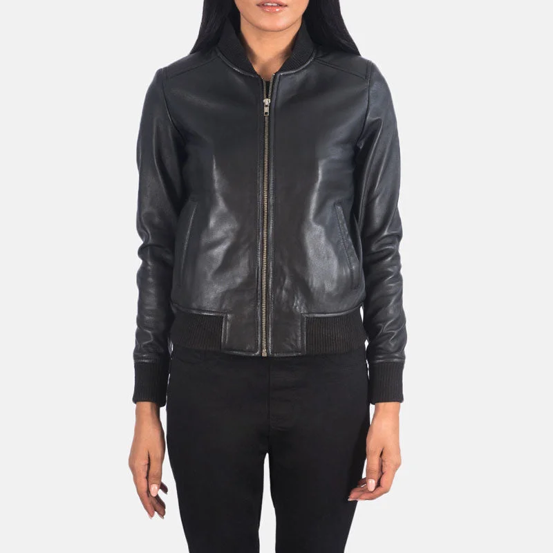 Bliss Black Leather Bomber Jacket Front Pockets Side Pockets Patch Pockets