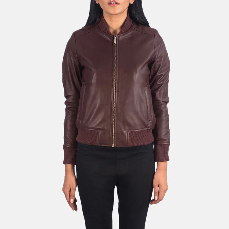 Bliss Maroon Leather Bomber Jacket Fleece Jacket Down Jacket Parka