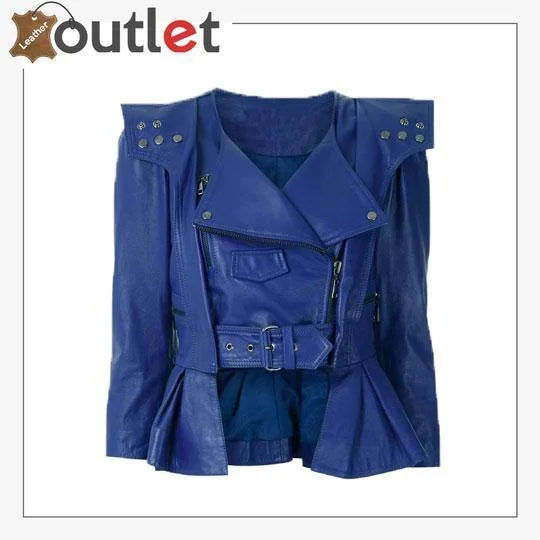 Blue Cropped Leather Peplum Biker Jacket Fleece Jacket Down Jacket Feather Jacket