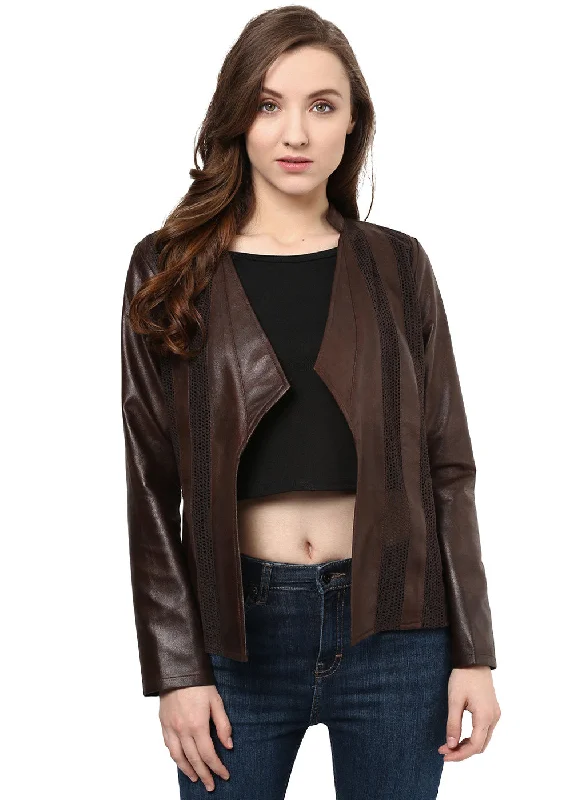 Brown Solid Jacket Ribbed Jacket Pleated Jacket Ruffled Jacket