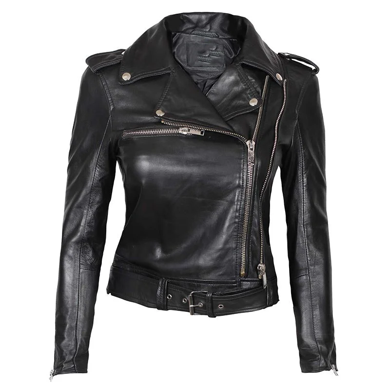 California Women Black Slim Fit Leather Jacket A-Line Jacket Boat Neck Shawl Collar