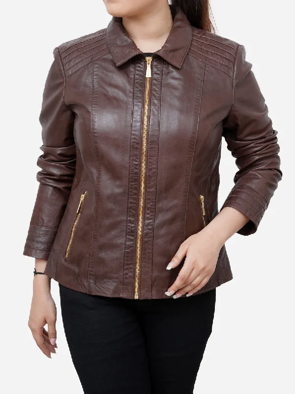 Daisy Casual Brown Genuine Leather Jacket Ribbed Jacket Pleated Jacket Ruffled Jacket