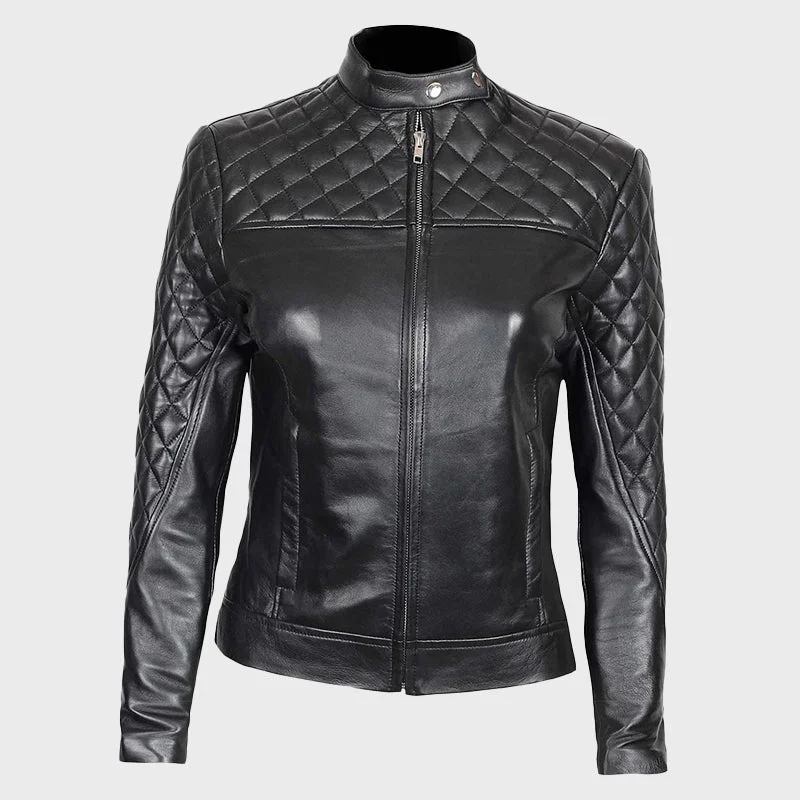 Ellen Slim Fit Quilted Women's Leather Jacket Tailored Jacket Straight Jacket A-Line Jacket