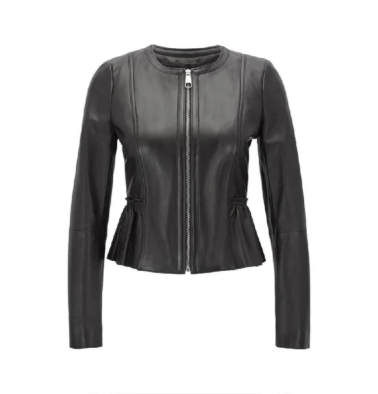 ENNA BLACK FORMAL LEATHER JACKET FOR WOMEN Front Pockets Side Pockets Patch Pockets