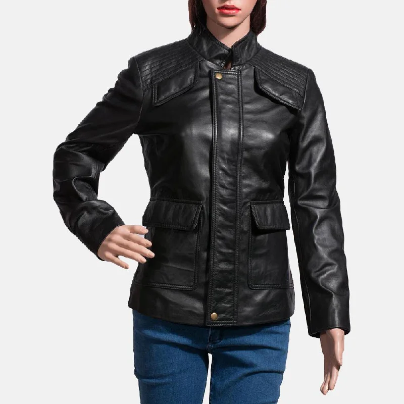 Express Strada Black Leather Jacket for Women A-Line Jacket Boat Neck Shawl Collar