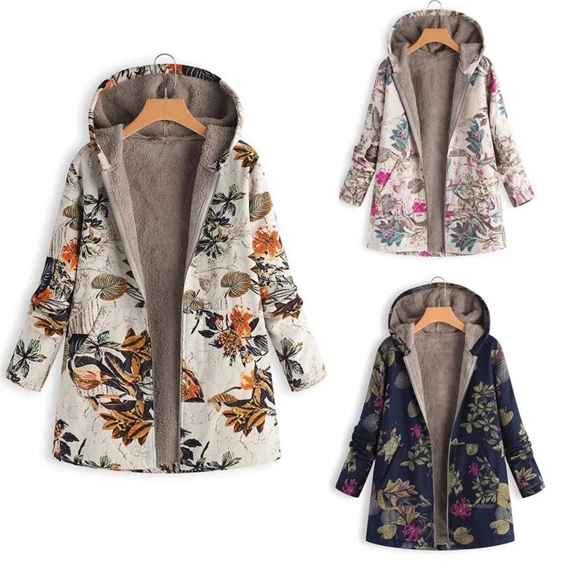 Getadme New Women Winter Warm Floral Hooded Jacket Flower Print Hoody Vintage Oversized Coats Winter Padded Jacket Women Parkas Notch Collar Jacket Peter Pan Collar Jacket Cowl Neck Jacket