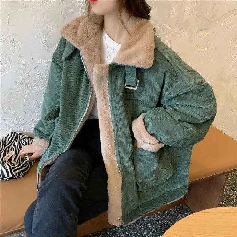 Getadme Biyaby New Autumn Winter Warm Corduroy Jacket Women Casual Loose Thicken Plush Coat Woman Korean Pocket Zipper Lamb Wool Parkas Faux Fur Jacket Real Fur Jacket Shearling Jacket