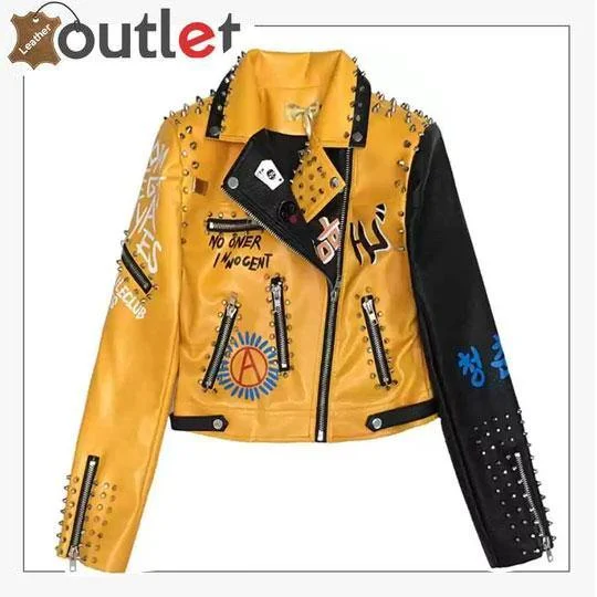 Graffiti Punk Style Biker Leather Jacket Herringbone Jacket Checkered Jacket Solid Jacket