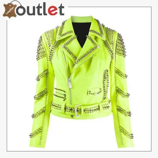 Green Leather Studded Biker Jacket Mesh Jacket Canvas Jacket Denim Jacket