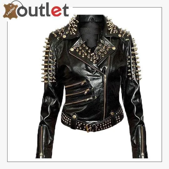 Handmade Womens Plain Black Fashion Studded Punk Style Jacket Zippered Jacket Buttoned Jacket Snapped Jacket