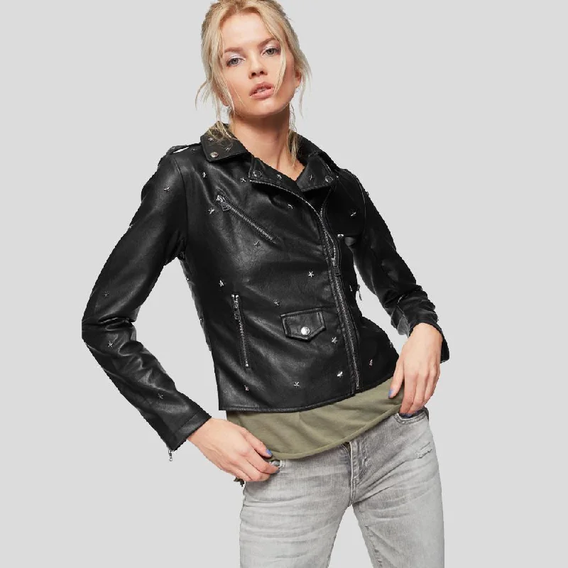 Isla Black Studded Leather Jacket Satin Jacket Silk Jacket Chiffon Jacket