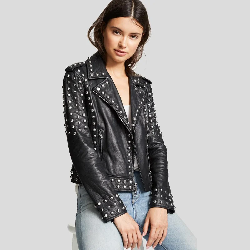 Jasmine Black Studded Leather Jacket Zippered Jacket Buttoned Jacket Snapped Jacket