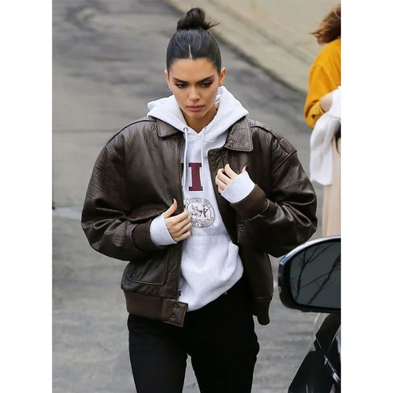 Kendall Jenner Real Leather Jacket Brown Stand-Up Collar Roll-Neck Collar Turtle Neck