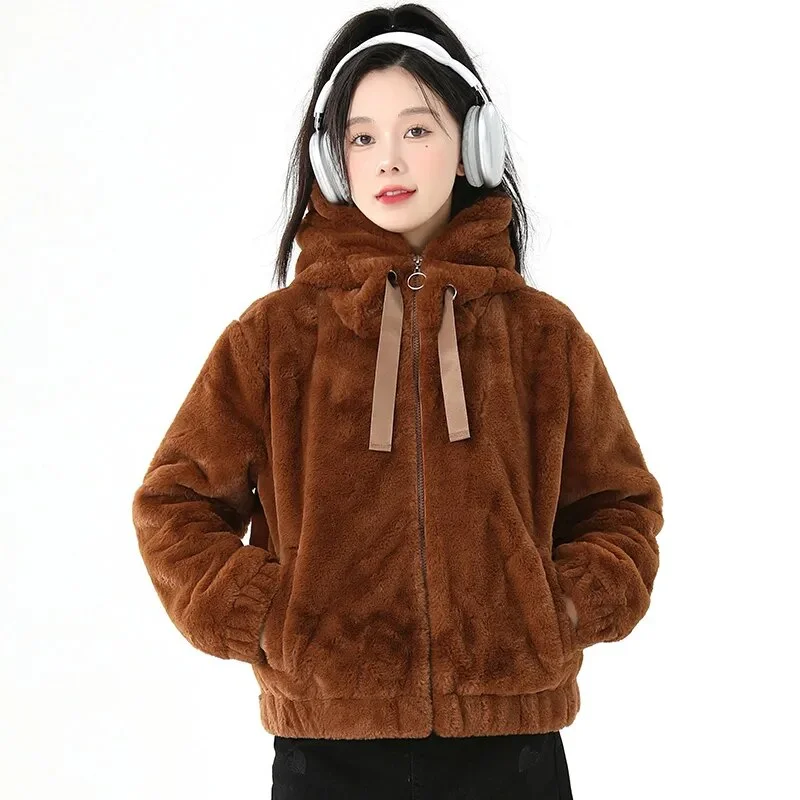 Lady Female Winter New Korean Edition Hooded Fashion Plush Thickened Coat Women'S Loose Relaxed Versatile Plush Warm Jacket Top Notch Collar Jacket Peter Pan Collar Jacket Cowl Neck Jacket