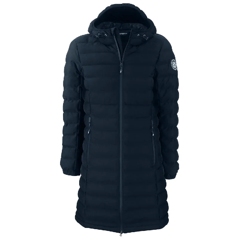 Cutter & Buck Women's Navy Blue Mission Ridge Repreve Eco Insulated Long Puffer Jacket A-Line Jacket Boat Neck Shawl Collar