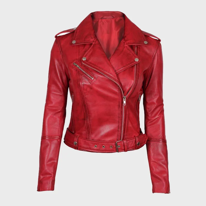 Margaret Red Ladies Biker Leather Jacket Corduroy Jacket Velvet Jacket Brocade Jacket