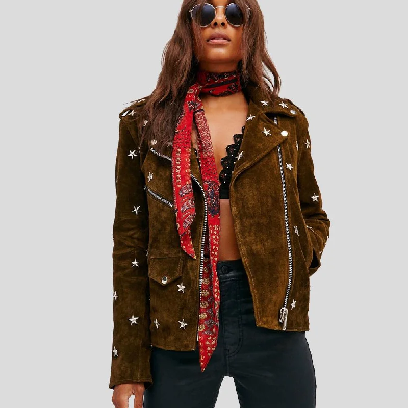 Melody Brown Studded Suede Leather Jacket Cardigan Sweater Pullover