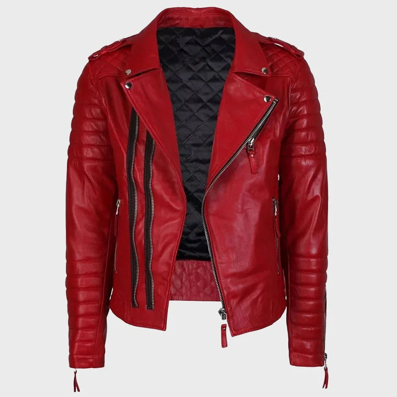 Men's Red Quilted Biker Leather Jacket Lace Jacket Ribbed Jacket Sequined Jacket