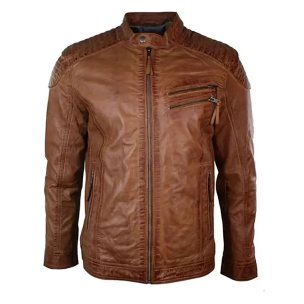 Men's Slim fit Brown Padded Leather Jacket A-Line Jacket Boat Neck Shawl Collar