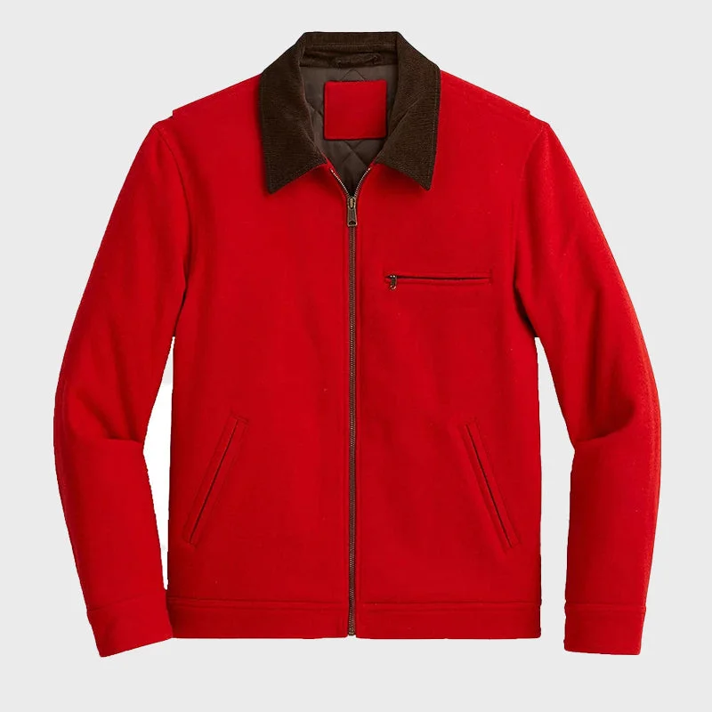 Men's Red Wool Jacket Toggled Jacket Drawstring Jacket Belted Jacket