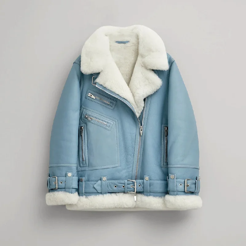 New Women Light Blue Aviator Styled Shearling Sheepskin Leather Jacket Tiered Jacket Buttoned Jacket Zippered Jacket