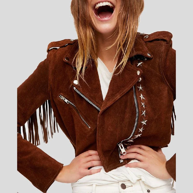 Nora Brown Studded Suede Leather Jacket Fringes Satin Jacket Silk Jacket Chiffon Jacket