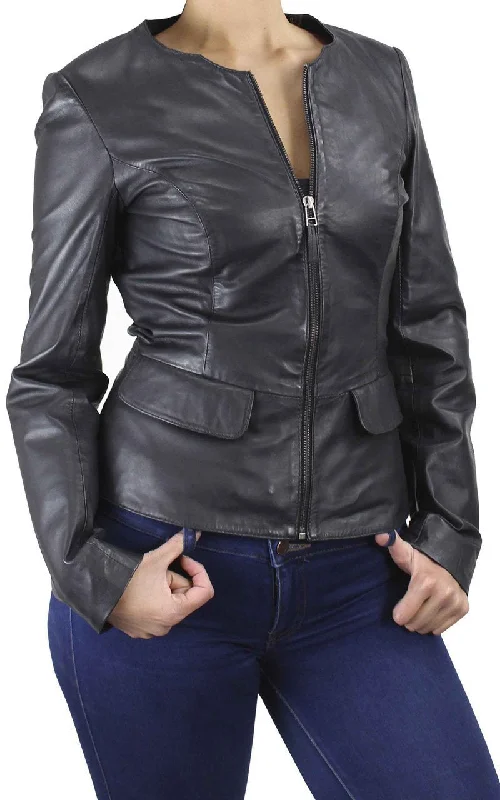 Paullete Collarless Women's Black Zip Leather Jacket Denim Jacket Leather Jacket Suede Jacket