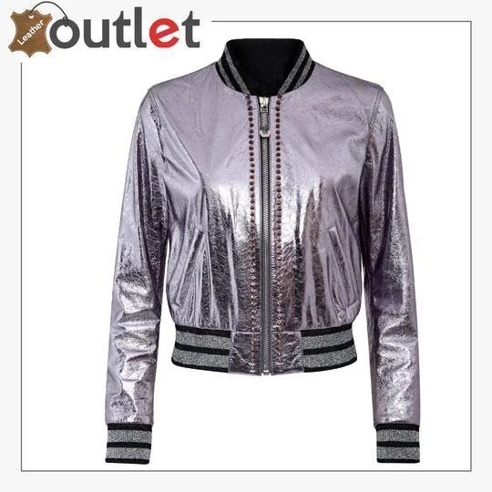 Pink Metallic Bomber Studded Biker Jacket Welt Pockets Slit Pockets Flap Pockets