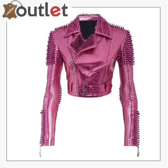 Pink Metallic Studded Biker Jacket Boat Neck Shawl Collar Notched Collar