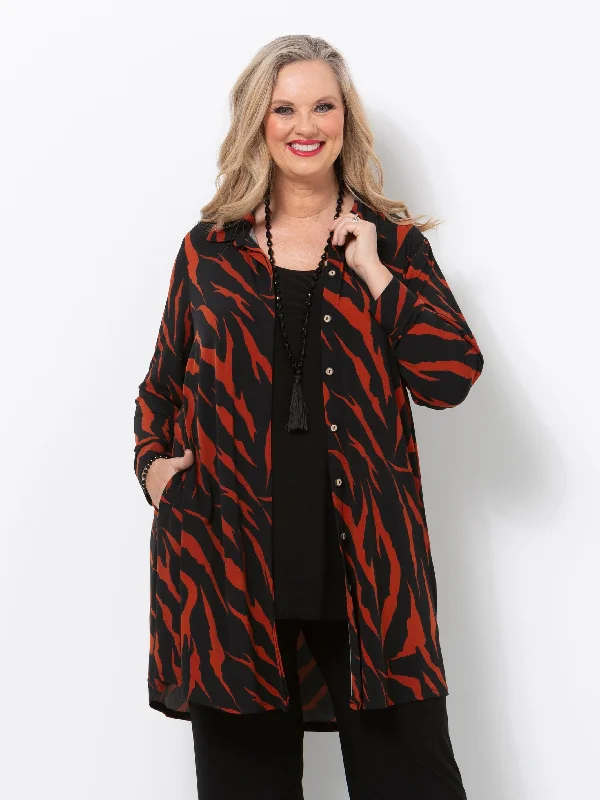 Tarnished Tiger Long Line Shirt Jacket Satin Jacket Silk Jacket Chiffon Jacket