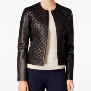 QUILTED FORMAL BLACK LEATHER JACKET FOR WOMEN Embroidered Jacket Appliqued Jacket Beaded Jacket