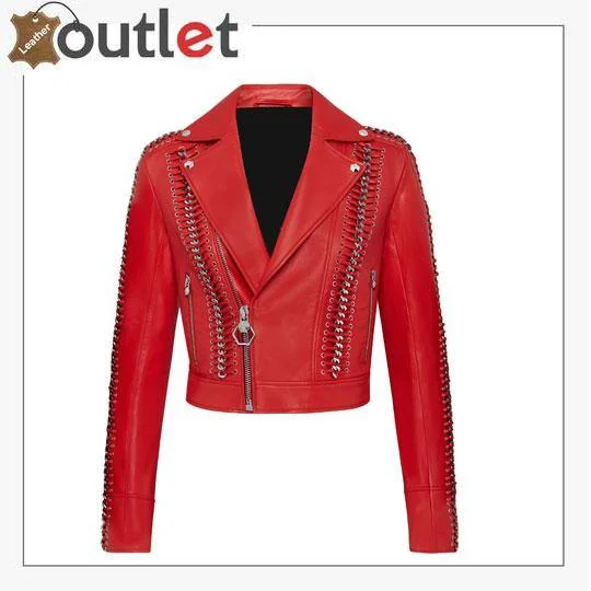 Red Perfecto Crystal Work Biker Jacket Fleece Jacket Down Jacket Parka